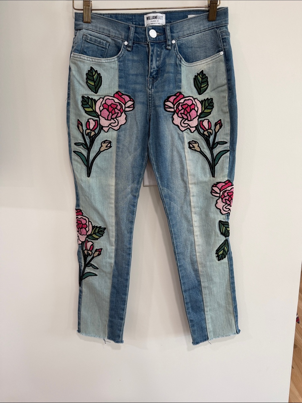 William Rast Two-Tone Blue Straight-Leg Jeans with Pink Floral Appliqué
